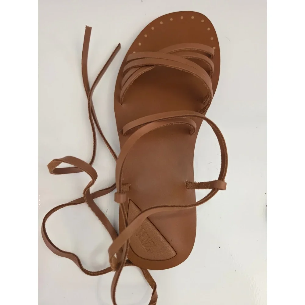 Zara Kids Tan Brown Leather Gladiator Lace Up Sandals Gold Studs 2618/330/700